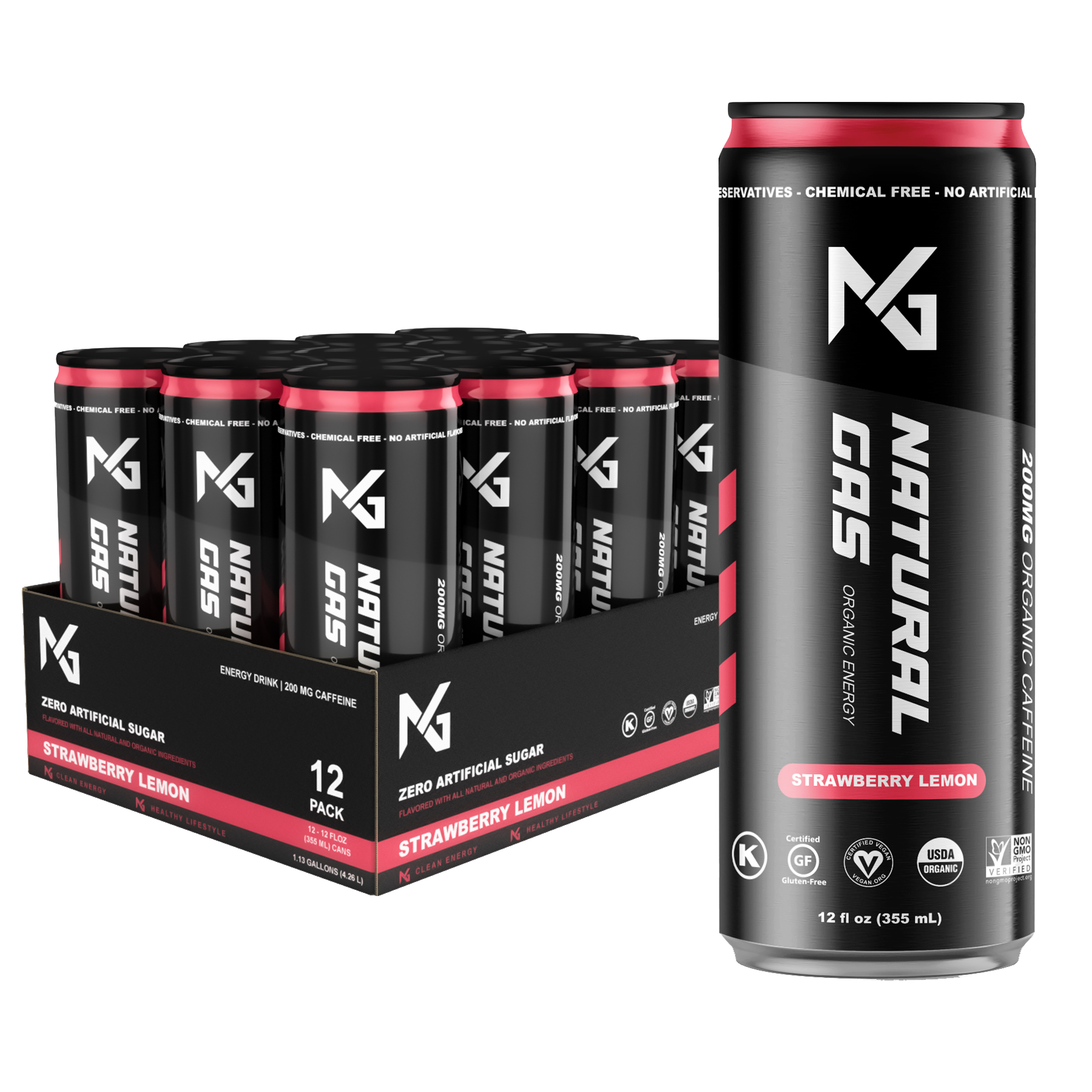 Strawberry Lemon Natural Gas Organic Energy Drink 12-Pack and single 12 oz can – 200mg organic caffeine, zero artificial sugar, and clean ingredients with USDA Organic, Non-GMO, Vegan, and Gluten-Free certification.