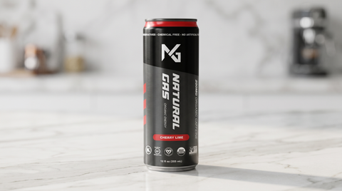 Natural Gas Cherry Lime organic energy drink can on a marble counter