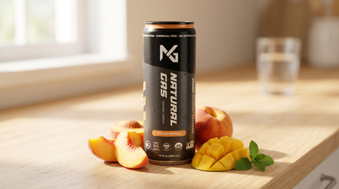 Natural Gas Peach Mango organic energy drink can with fresh peach and mango