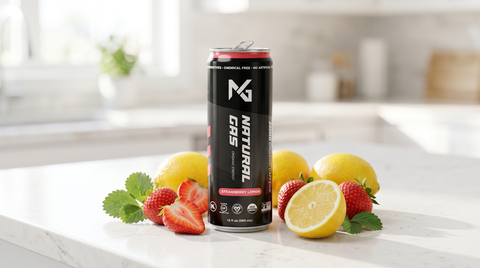 Natural Gas Strawberry Lemon organic energy drink can with fresh lemon and strawberries