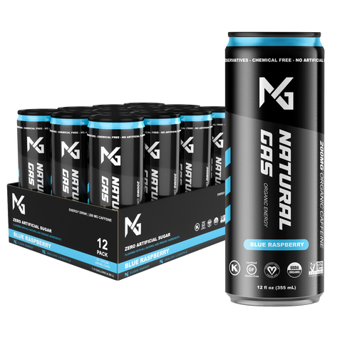 Blue Raspberry Natural Gas Organic Energy Drink 12-Pack and single 12 oz can – 200mg organic caffeine, zero artificial sugar, clean ingredients, and certified USDA Organic, Non-GMO, Vegan, and Gluten-Free.