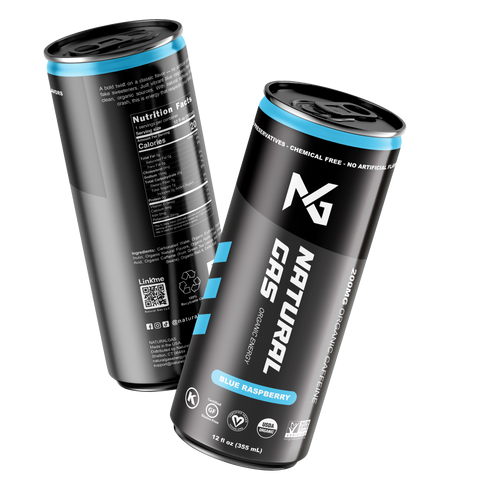 Two 12 fl oz cans of Natural Gas Organic Energy Drink in Blue Raspberry flavor, featuring USDA Organic certification, Non-GMO, Gluten-Free, and Vegan labels, with 200mg organic caffeine and zero artificial sugar for clean energy.