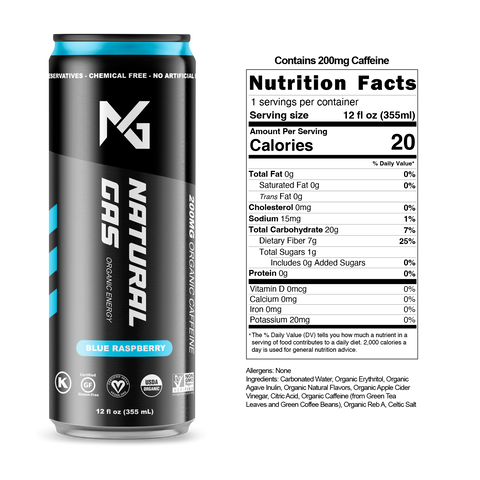 Blue Raspberry Natural Gas Organic Energy Drink with full label, nutrition facts, and ingredients – 12 oz can containing 200mg organic caffeine, zero artificial sugar, and organic ingredients like apple cider vinegar, agave inulin, and natural blue raspberry flavor.