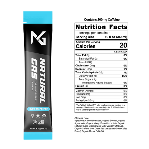Natural Gas Blue Raspberry organic electrolyte stick pack label — USDA Organic, zero added sugar, caffeine-free hydration with sodium, potassium, and magnesium.