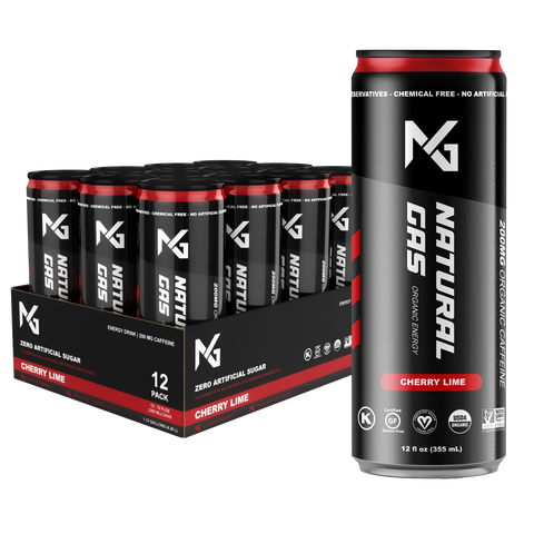 Cherry Lime Natural Gas Organic Energy Drink 12-Pack and single 12 oz can – made with 200mg organic caffeine, zero artificial sugar, and clean-label ingredients certified USDA Organic, Non-GMO, Vegan, and Gluten-Free.