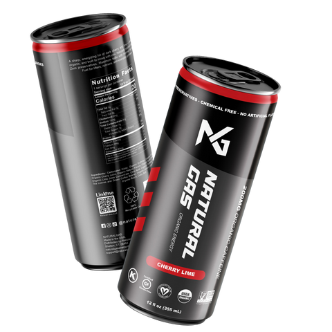 Two 12 fl oz cans of Natural Gas Organic Energy Drink in Cherry Lime flavor, highlighting USDA Organic certification, Non-GMO, Gluten-Free, and Vegan icons, with 200mg organic caffeine and zero artificial sugar.