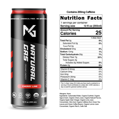 Nutrition label and ingredients for Cherry Lime Natural Gas Organic Energy Drink – 25 calories, 200mg organic caffeine, 7g fiber, 0g added sugar, made with organic cherry juice, apple cider vinegar, and natural flavors.