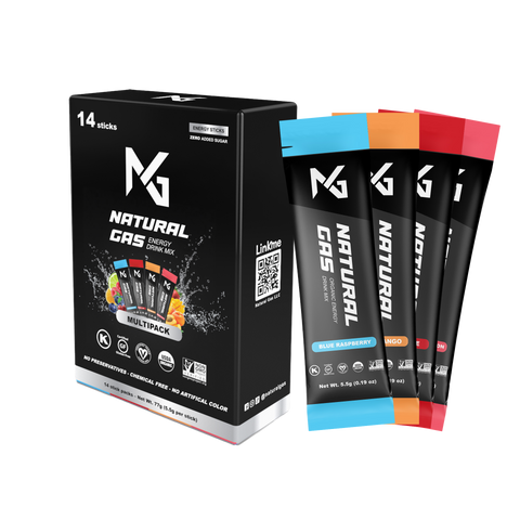 Natural Gas energy drink stick pack multipack with Blue Raspberry, Peach Mango, Strawberry Lemon, and Cherry Lime flavors – organic, zero artificial sugar, vegan, non-GMO, USDA Organic certified