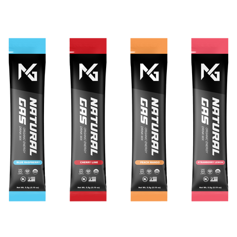 Natural Gas Organic Energy Stick Pack lineup featuring Blue Raspberry, Cherry Lime, Peach Mango, and Strawberry Lemon – zero artificial sugar, USDA Organic, Gluten-Free, Vegan, and Non-GMO certified clean energy drink mix.