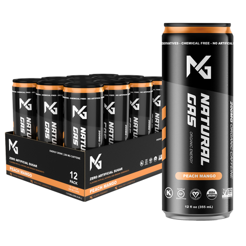 Peach Mango Natural Gas Organic Energy Drink 12-Pack and single 12 oz can – 200mg organic caffeine, zero artificial sugar, and clean, functional ingredients with USDA Organic, Non-GMO, Vegan, and Gluten-Free certification.