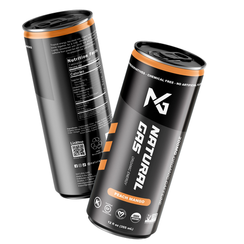 Two 12 fl oz cans of Natural Gas Organic Energy Drink in Peach Mango flavor, highlighting USDA Organic certification, Non-GMO verification, 200mg organic caffeine, and zero artificial sugar in a tropical clean-energy formula.