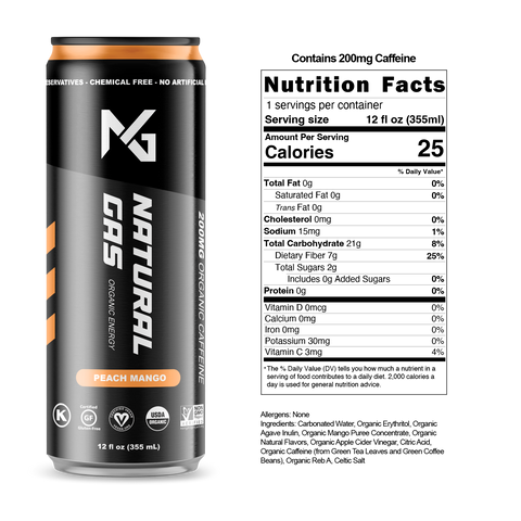 Peach Mango Natural Gas Organic Energy Drink with visible label, nutrition facts, and ingredient list – 12 oz can with 200mg organic caffeine, zero artificial sugar, and clean organic ingredients including mango puree, apple cider vinegar, and agave inulin.