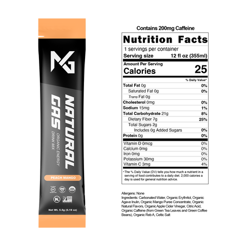 Natural Gas Peach Mango organic electrolyte stick pack label — USDA Organic, zero added sugar, caffeine-free hydration with sodium, potassium, and magnesium.