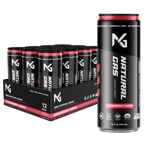 Strawberry Lemon Natural Gas Organic Energy Drink 12-Pack and single 12 oz can – 200mg organic caffeine, zero artificial sugar, and clean ingredients with USDA Organic, Non-GMO, Vegan, and Gluten-Free certification.