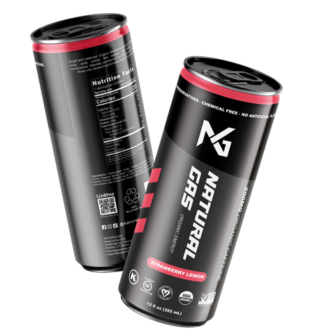 Two 12 fl oz cans of Natural Gas Organic Energy Drink in Strawberry Lemon flavor, showcasing clean label ingredients, 200mg organic caffeine, USDA Organic and Non-GMO certifications, and zero artificial sugar.