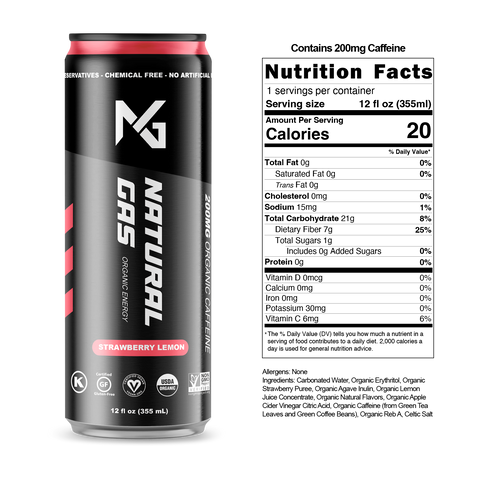 Strawberry Lemon Natural Gas Organic Energy Drink can with full nutrition facts and ingredients, featuring organic strawberry puree, lemon juice, agave inulin, apple cider vinegar, and 200mg organic caffeine.